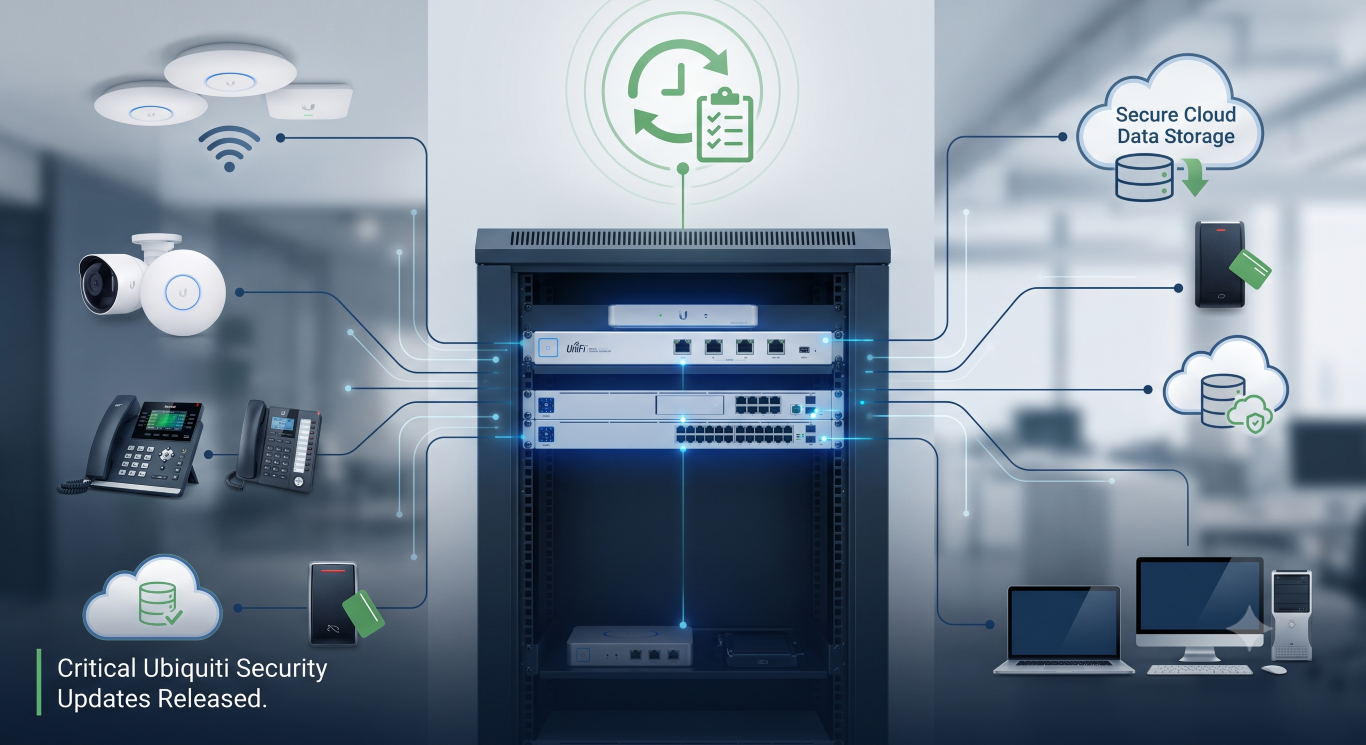 Illustration showing a Ubiquiti network rack connected to WiFi access points, security cameras, office phones, cloud services, and business computers to represent modern business technology infrastructure.