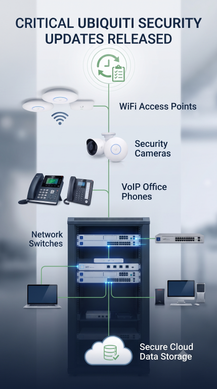 Illustration showing a Ubiquiti network rack connected to WiFi access points, security cameras, office phones, cloud services, and business computers to represent modern business technology infrastructure.